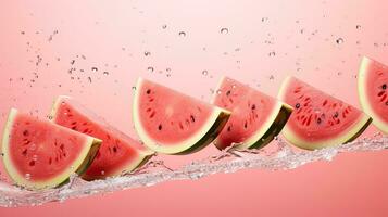 ai generiert Porträt Wassermelone Scheiben auf das Rosa Hintergrund ai generativ foto