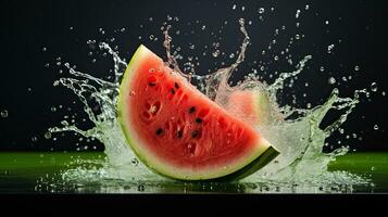 ai generiert Porträt Wassermelone Scheiben mit Wasser Spritzen ai generativ foto
