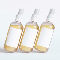 Glas Flasche kosmetisch Rendern 3d Software Illustration mit Etikette und Weiß Farbe realistisch Textur foto