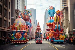 ai generiert Chinesisch Neu Jahr Parade im san Franz, ca, USA, ein bunt Parade bedeuten ein stadtweit Karneval, ai generiert foto