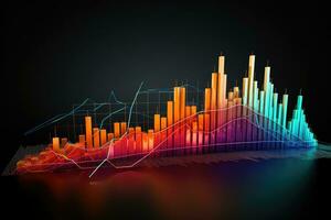 ai generiert 3d Illustration von finanziell Graph Über dunkel Hintergrund mit Licht Auswirkungen, ein bunt 3d Linie Graph Anzeige ein erhebt euch im Lager Markt, ai generiert foto