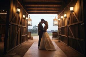 ai generiert Hochzeit Paar im das Scheune beim Sonnenuntergang. Braut und Bräutigam, ein Land Hochzeit im ein rustikal Scheune, ai generiert foto