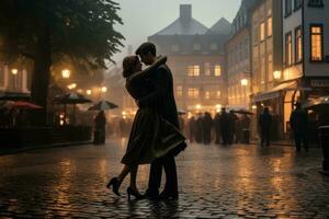 ai generiert jung Paar Tanzen Tango im das Regen im das Stadt beim Nacht, ein Paar Tanzen im das Regen im ein Kopfsteinpflaster Platz, ai generiert foto