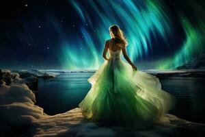 ai generiert jung Frau im Weiß Kleid gegen Nacht Himmel mit Aurora Borealis, ein Paar Umarmen unter das schön Anzeige von Nord Beleuchtung, ai generiert foto