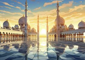 ai generiert Foto Aussicht von berühmt abu Dhabi Scheich zayed Moschee beim Sonnenuntergang