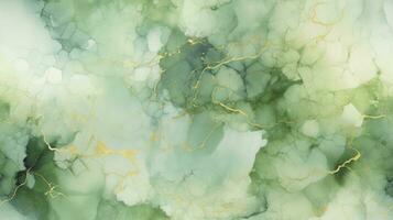 ai generiert Grün abstrakt Hand gemalt Alkohol Tinte Hintergrund mit Gold funkeln Elemente foto