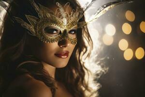 ai generiert schön Frauen tragen Karneval Maske beim Party Hintergrund foto