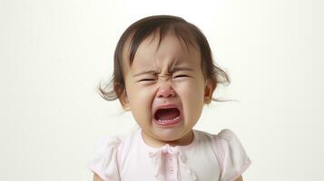 ai generiert klein Kind Baby Mädchen Kleinkind traurig Weinen auf ein Weiß Hintergrund foto