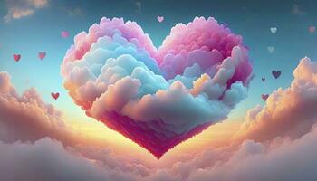 ai generiert bunt Valentinstag Tag. ein schön Herz schwebend unter das Wolken, Erstellen ein verträumt und abstrakt Hintergrund zum das Feier von Liebe. foto