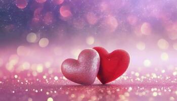 ai generiert funkelnd Liebe. zwei Herzen auf ein Rosa glitzernd Oberfläche, leuchtenden im ein strahlend Hintergrund ein perfekt Konzept zum Valentinstag Tag. foto