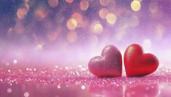 ai generiert funkelnd Liebe. zwei Herzen auf ein Rosa glitzernd Oberfläche, leuchtenden im ein strahlend Hintergrund ein perfekt Konzept zum Valentinstag Tag. foto
