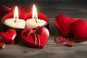 ai generiert hölzern Hintergrund mit rot Herz, Kerze, Geschenke. Valentinsgrüße Tag. Mütter Tag Jubiläum. Profi Foto