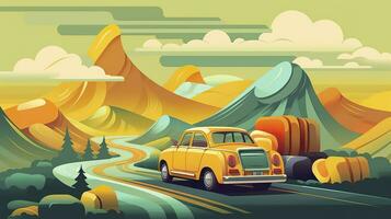 ai generiert animiert gif von ein Auto Fahren durch ein hügelig Landschaft mit Gepäck Box auf Spitze, im Gelb, Blau, und grün. ai generativ foto