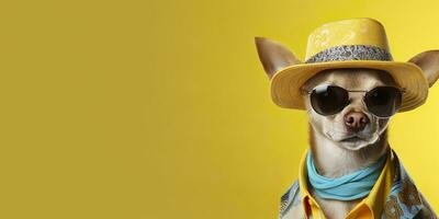 ai generiert cool suchen Chihuahua Hund tragen funky Mode Kleid. Raum zum Text richtig Seite. generativ ai foto