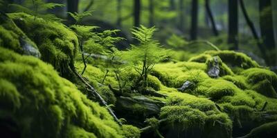 ai generiert Grün Moos Nahaufnahme, mit ein Hintergrund von Wald. Wald im das National Park. ai generiert foto