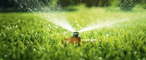 ai generiert automatisch Garten Rasen Sprinkler im Aktion Bewässerung Gras. ai generiert foto