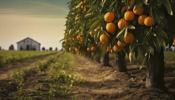 ai generiert ein Orange Baum ist im das Vordergrund mit ein Bauernhof Feld Hintergrund. generativ ai foto