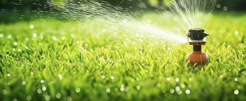 ai generiert automatisch Garten Rasen Sprinkler im Aktion Bewässerung Gras. ai generiert foto