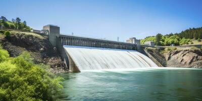 ai generiert Wasserkraft Damm Erstellen Grün Energie von fließend Wasser. ai generiert. foto