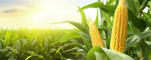 ai generiert Nahansicht Mais Kolben im Mais Plantage Feld. generativ ai foto