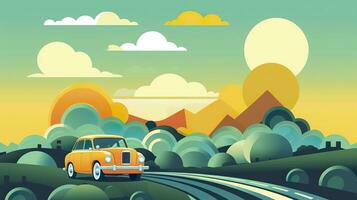 ai generiert animiert gif von ein Auto Fahren durch ein hügelig Landschaft mit Gepäck Box auf Spitze, im Gelb, Blau, und grün. ai generativ foto
