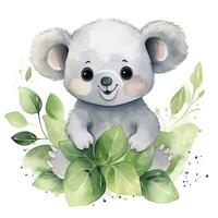 ai generiert glücklich süß Koala im Blätter im das Aquarell Stil auf das Weiß Hintergrund. ai generiert foto