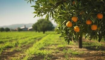 ai generiert ein Orange Baum ist im das Vordergrund mit ein Bauernhof Feld Hintergrund. generativ ai foto