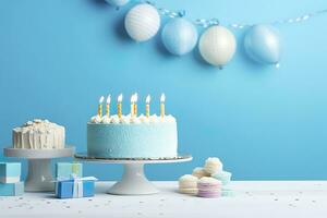 ai generiert Geburtstag Kuchen mit Kerzen und Süßigkeiten auf Weiß Tabelle in der Nähe von Blau Mauer. generativ ai foto