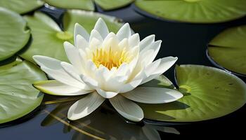 ai generiert Weiß Wasser Lilie. Weiß Lotus mit Blätter auf dunkel Teich. ai generiert foto