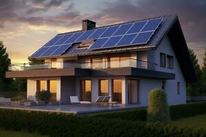ai generiert modern Haus mit Blau Solar- Paneele auf das Dach. Ende von das Tag, Sonnenuntergang. ai generiert foto