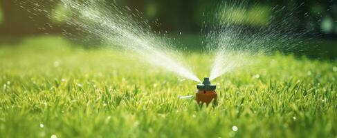 ai generiert automatisch Garten Rasen Sprinkler im Aktion Bewässerung Gras. ai generiert foto