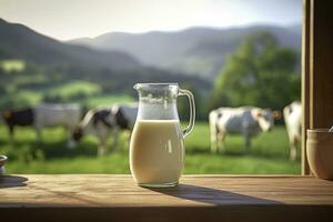 ai generiert Glas Krug mit frisch Milch auf ein hölzern Tisch. ai generiert foto