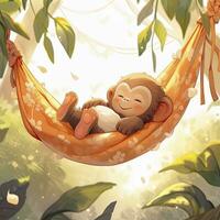 ai generiert ein schläfrig Baby Affe im ein Hängematte. Aquarell Illustration. ai generiert foto