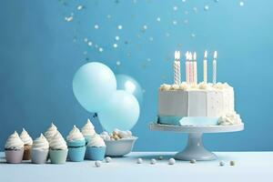 ai generiert Geburtstag Kuchen mit Kerzen und Süßigkeiten auf Weiß Tabelle in der Nähe von Blau Mauer. generativ ai foto