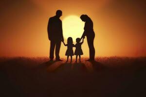 ai generiert Schatten von glücklich Familie zusammen, Eltern mit ihr wenig Baby beim Sonnenuntergang. ein Silhouette von Liebe und Einheit. ai generativ foto