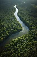 ai generiert Antenne Aussicht von das Amazonas Urwald Landschaft mit Fluss biegen. generativ ai foto