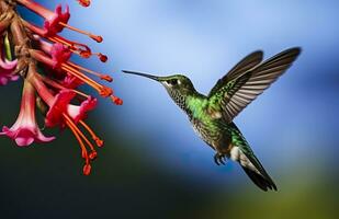 ai generiert Kolibri Vogel fliegend Nächster zu ein schön rot Blume mit Regen. ai generiert foto