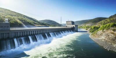 ai generiert Wasserkraft Damm Erstellen Grün Energie von fließend Wasser. ai generiert. foto