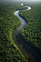 ai generiert Antenne Aussicht von das Amazonas Urwald Landschaft mit Fluss biegen. generativ ai foto