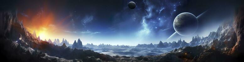 ai generiert Panorama von entfernt Planet System im Raum 3d Rendern Elemente. generativ ai foto