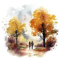 ai generiert Aquarell Herbst Landschaft mit ein Paar gehen. ai generiert foto