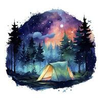 ai generiert ein Camping Zelt im das Wald mit Nacht Himmel, Aquarell zum T-Shirt Design. ai generiert foto
