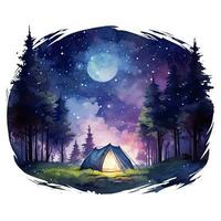 ai generiert ein Camping Zelt im das Wald mit Nacht Himmel, Aquarell zum T-Shirt Design. ai generiert foto