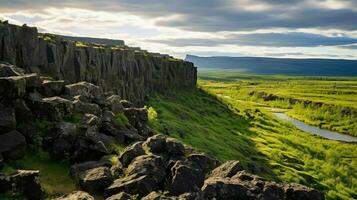 ai generiert szenisch Basalt Plateau Landschaft foto