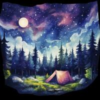 ai generiert ein Camping Zelt im das Wald mit Nacht Himmel, Aquarell zum T-Shirt Design. ai generiert foto