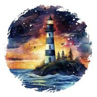 ai generiert Leuchtturm neben das Meer beim Nacht. Aquarell zum T-Shirt Design. ai generiert foto