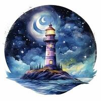 ai generiert Leuchtturm neben das Meer beim Nacht. Aquarell zum T-Shirt Design. ai generiert foto