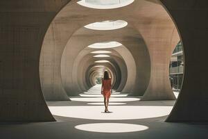 ai generiert Frau Gehen im futuristisch Brutalist Stadt Straße. ai generiert. foto