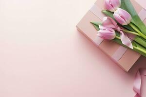 ai generiert Mutter Tag Konzept. Rosa Geschenk Box mit Band Bogen und ein Strauß von Tulpen. ai generiert foto