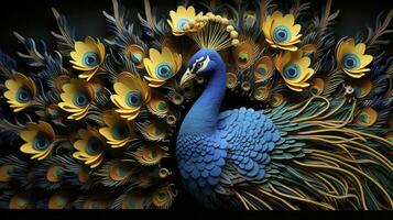ai generiert Blau Gelb und Gold Pfau Dekor mit Blumen auf schwarz Hintergrund foto